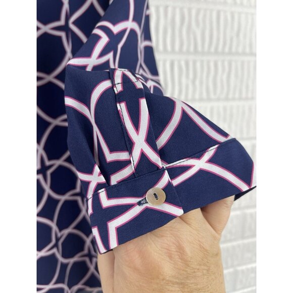 Hutch Blouse Size Small 3/4 Sleeve Navy V Neck Classic Geometric Print - Picture 5 of 7